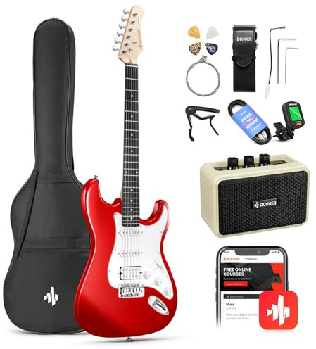 Donner 39-Inch Electric Guitar Starter Kit with Solid Body, HSS Pickup, Accessories, Amplifier, Lessons, and Digital Tuner - Red