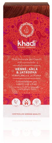 khadi HENNA, AMLA & JATROPHA tinte natural, coloración para cabello fuerte, de rojo oscuro intenso a caoba intenso y llamativo, color natural 100% vegetal y vegano, cosmética natural certificada 100g