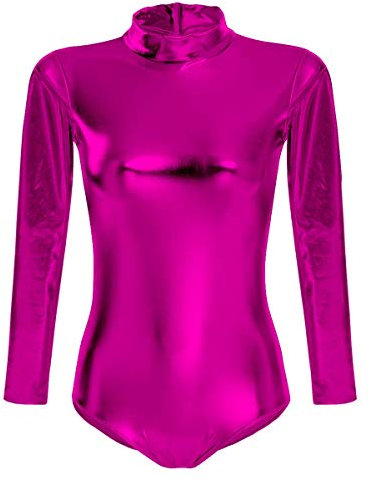 FYMNSI Damen Glänzende Ballettanzug Ballettbody Sport Tanz Body Gymnastikanzug Trikot Langarm Bodysuit Metallic Wetlook Einteiler Turnanzug Leotards Overall Lack Leder Oberteile Top Kostüm Rose M