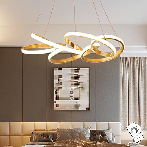 Moderne LED Pendelleuchte Esstisch Innendeckenleuchte 5-Ring Hängelampe Wohnzimmer Pendellampe Schlafzimmer Höhe Verstellbare Hängeleuchte Dimmbare Fernbedienung Kronleuchter Golden Blume Leuchte