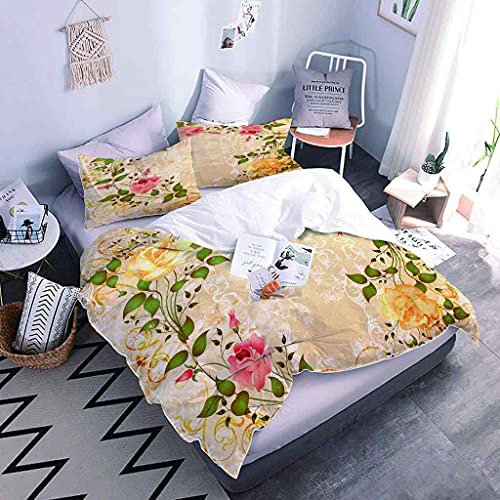 QZDUCN Double Duvet Cover 200x200cm With Zipper Closure + 2 Pillowcases 50x75cm Yellow Rose Flower Bedding 3D Print Quilt Cover Ultra Soft Hypoallergenic Microfiber Boys Girls Bedding Sets