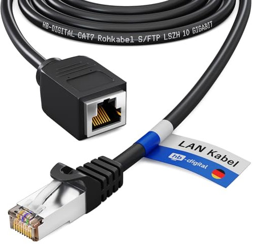 HB-DIGITAL Rallonge de câble patch 5 m Cat.7 RJ45 mâle et femelle noir | Extension Ethernet, LAN et connecteur de câbles réseau 10 Gbit/s | Câble brut S/FTP sans halogène PIMF 600 MHz Cat7 Cat6a