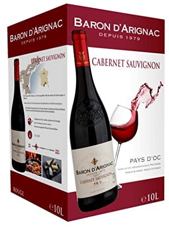 Baron d'Arignac - Vin rouge 10L Cabernet Sauvignon IGP Pays d'Oc - Bag in Box BIB 10L (1 x 10L)