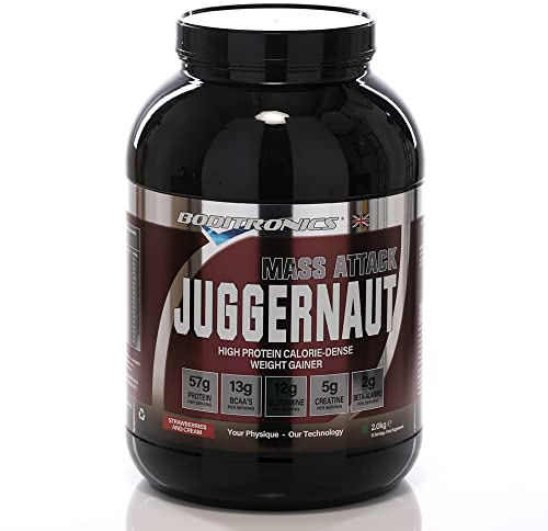 Boditronics Mass Attack Juggernaut Powder for Weight Gainer Powder, All in One Muscle Mass Gainer, High Protein Powder for Men & Women, 5g Creatine, BCAA, Glutamine & Beta Alanine (Strawberries&Cream)