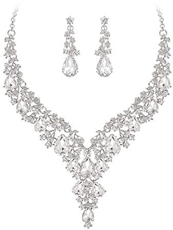 Clearine Hochzeit Schmuck-Set Tropfen Strass Cluster Statement Halskette und Ohrhänger-Set Kostümschmuck für Damen Klar Silber-Ton
