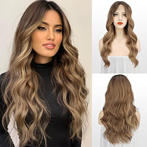 FESHFEN Lange Wellig Perücken Balayage Braun, Lace Front Perücke Mittelscheitel Frauen Synthetik Haar Wellen Lang Wig Natürliche Gewellte Braun Perücken für Damen 65 cm