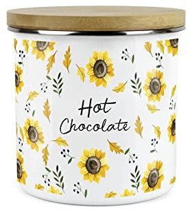 Purely Home Yellow Sunflowers Hot Chocolate Storage Canister - White Metal Enamel Kitchen Food Storage Container