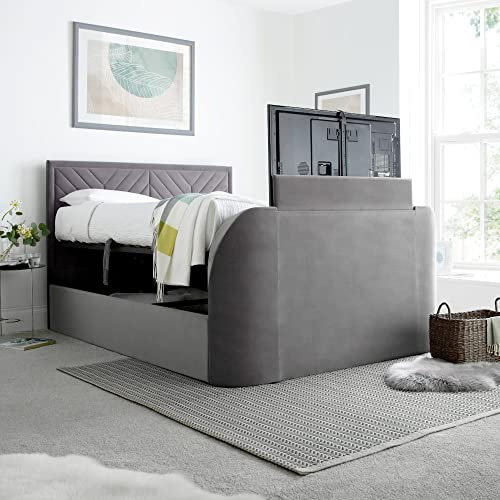 happybeds Ottoman TV Bed, Sherlock Light Grey Velvet Fabric Ottoman Storage TV Bed, Double, King, Super King Size (Double)