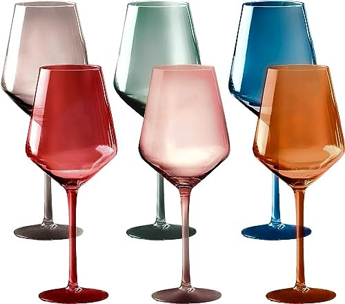 Colored Cordial Glasses Set of 6, 18oz Crystal Unique Fall Drinking Wine Glass Cups with Stem - Luxury Multi Color Glassware Gift Set for Wife & Mom - Colorful Hand Blown Drinkware for Red White Wine.