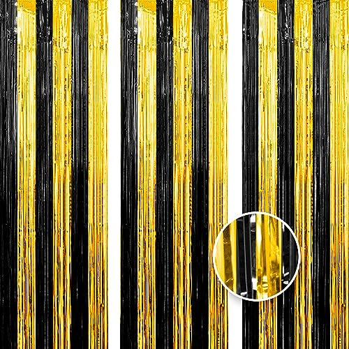 OWill 3pcs 3ft X 8.3ft Black Gold Metallic Tinsel Curtains Aluminum Foil Flow Silk Curtain Background Streamer Birthday Party Wedding Holiday Backdrop Decoration
