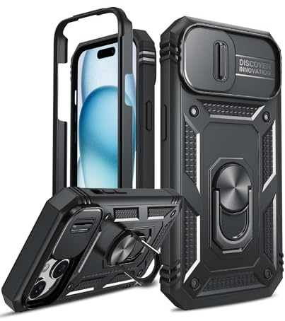 LeYi Coque pour iPhone 15 Antichoc avec Lentille Coulissante, Noir | Anneau Support + Protection de Caméra PC Dur Renforcée Armor Heavy Duty Militaire Bumper Housse Coque iPhone 15