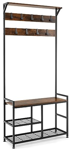 HOMASIS Porte-manteau 3 en 1 avec 10 crochets, étagère à chaussures et banc à chaussures, étagère à chaussures autoportante en bois et métal pour garde-robe, couloir, salon, 84 x 30,5 x 183 cm, marron