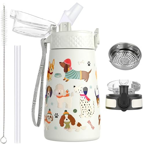 OLDLEY 350ml/12oz Kids Stainless Steel Water Bottle with Straw for School with 2 Different Lid Metal Vacuum Insulated Water Bottles Small Flask for Boys Girls Toddler Children Hot Cold Drinks BPA Free