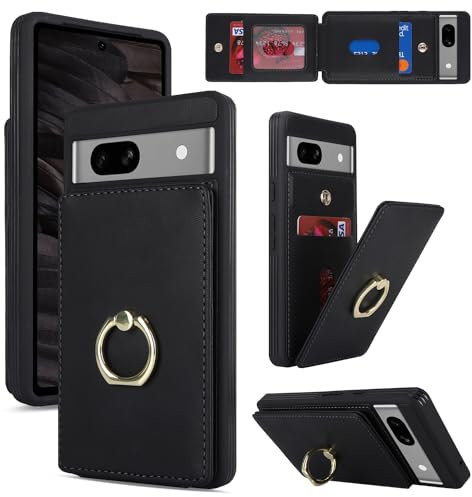 CAVOR Google Pixel 7A Hülle, Flip Folio Leder Geldbörse Karten Hülle, [4 Kartenfach][RFID Blocker][Ring Ständer][360° drehbar], Klapphülle Handyhülle für Google Pixel 7A - Schwarz