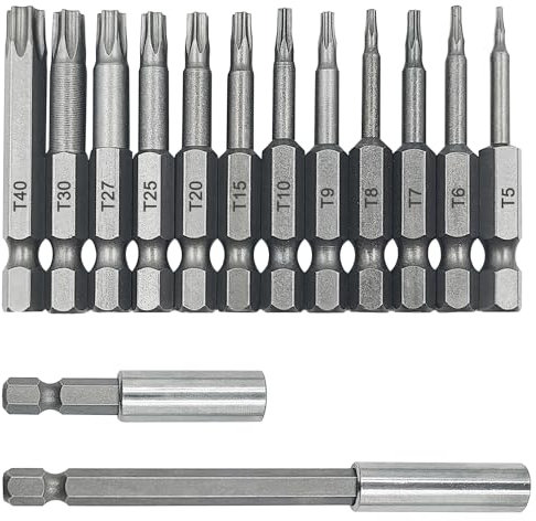 Lot de 12 embouts de tournevis à tête Torx + 2 tailles de support d'extension de foret magnétique, tige hexagonale S2 de 6,35 mm, kit d'outils de tournevis inviolable, foret étoile 6 points T5-T40 50
