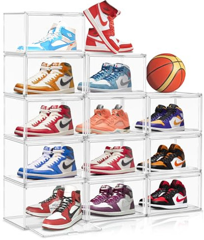 EDS FAM Acryl-Schuh-Aufbewahrungsbox, transparent, stapelbar, Acryl-Vitrine mit magnetischer Tür, Sneaker-Aufbewahrung für Sneakerheads, große Hüte, Schuhboxen, passend bis Größe 47, 10 Stück