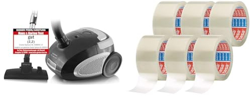 Emerio VE-109959.14 & tesapack 64014 im 6er Pack - Geräuscharmes Paketklebeband zum Verpacken von Paketen und Versandschachteln - transparent - 6 Rollen je 66 m