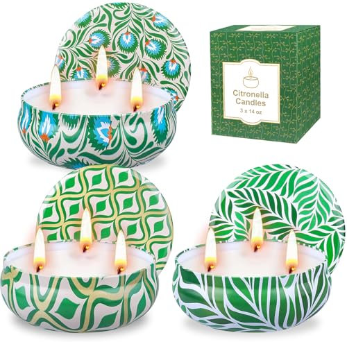 Citronella Kerze Outdoor Groß, 420 Std. Brenndauer, 3 Stücke Natürliche Sojawachs Citronella Kerze mit 3 Docht für Camping, Garten,Picknick, Terrasse, Party, Grill Indoor Outdoor