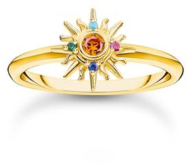 THOMAS SABO Damen Ring mit Sonne und bunten Steinen vergoldet 925 Sterlingsilber, 750 Gelbgold Vergoldung TR2458-488-7