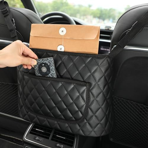 OHYER GepäCknetz Auto Leder Lederhandtaschenhalter Autotaschen Aufbewahrungsnetz Für Vordersitze Car Net Pocket Handtaschenhalter eisenhaltig Mit Tasche Kann Taschen aufnehmen Wasserflasche (Leder)
