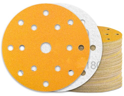 KONGMING 60 Pcs 150mm Sanding Discs Grit 180 Hook and Loop 15 Hole for Random Orbital Sander