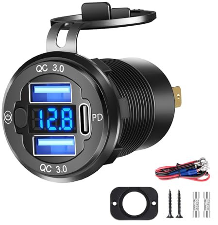 Ktilura USB Car Charger Socket,12V 3 Port Fast Charging Outlet Panel,Dual 18W QC3.0 USB-A & 30W PD Type C Charger Power Outlet Panel with Switch LED Voltmeter for Car/Boat/Motorcycle/SUV/RV Truck