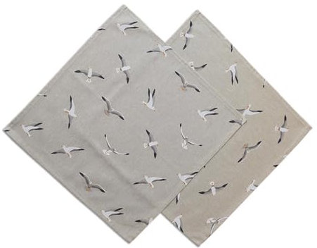 Stoff-Servietten Ilma mit Möwen im 2er Set - hochwertige Baumwollservietten in Natur mit maritimem Design | weiche Landhaus-Tischdeko Platzdeckchen je 40 x 40 cm