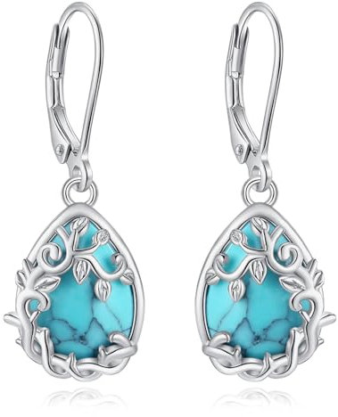 EUDORA Harmony Ball Orecchini Albero della Vita Turchese Argento Sterling S925 da Donna, Orecchini a Monachella a Goccia Turchese Orecchini Pendenti Turchesi per Nonna Moglie