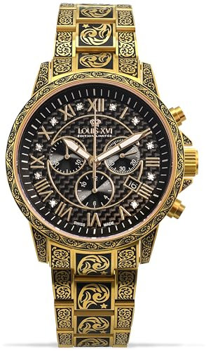 LOUIS XVI Palais Royale Inked 1702 - Ø 43 mm - Herren Uhr - Wasserdicht - Mit Saphirglas - Armband Gold - Zifferblatt Römisch Schwarz mit Diamanten - Schweizer Quarzwerk