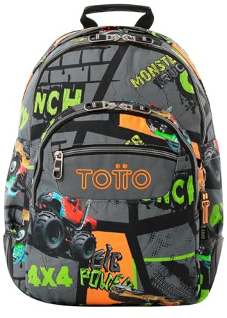 TOTTO - Mochila Escolar Grande, Modelo Rayol, Capacidad 19 L, 3 Compartimentos, 2 Bolsillos Botella, Bolsillo para PC 14, Espaldar Ergonómico con Flujo de Aire, Correas en S, Estampado Truck 2 Black