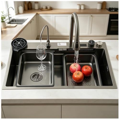 Fregadero Moderno Cocina Multifuncional Negro, Fregadero en Cascada 1 Seno 65x50cm Grande, Fregadero de Acero Inoxidable Cepillado, Juego de Fregadero de Cocina, Incluye Todos Los Accesorios