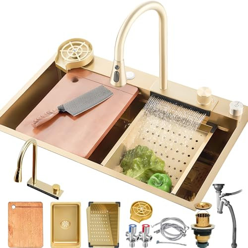 HZKSINNK Fregadero de Cocina de 1 Cubeta 80x50 cm, Dorado cascada Fregadero de Acero Inoxidable, con Grifo Cocina Extraible, cesta de drenaje, sifón, rebosadero y desagüe así como otros accesorios