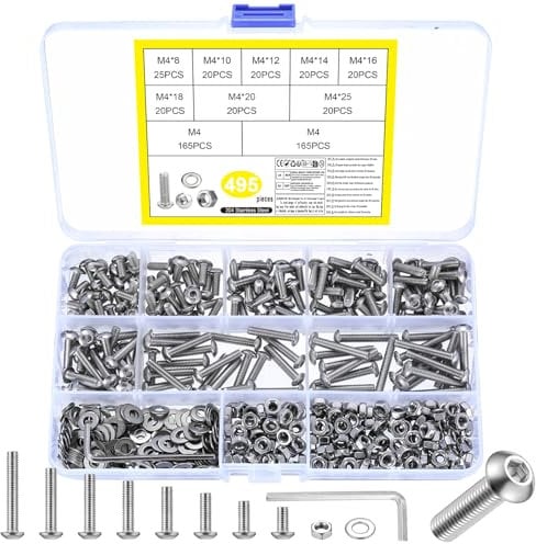 495 Pz Set di Viti M4, Bulloni e Dadi e Rondelle Kit, Viti a Testa Cilindrica con Esagono Incassato con Dado, Bulloni a Testa Tonda Bombata in Acciaio Inox(M4)