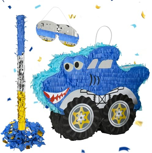 Kleines Hai-Monster-Truck-Piniata-Set mit Augenbinde, Fledermaus und Konfetti (41,5 x 30,5 x 7,6 cm), perfekt für Geburtstagsfeiern, Monster-Mottoparty-Dekorationen