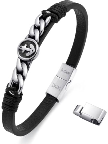 Dada Gioielli – Herrenarmband aus Edelstahl und echtem Leder mit Anker oder Windrose, magnetischer und verstellbarer Verschluss