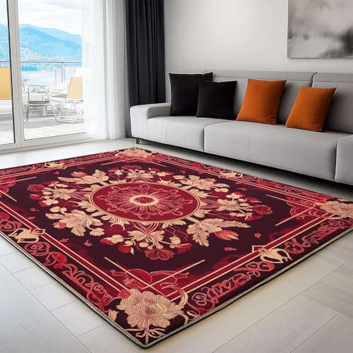 Tapis Salon Motif Chinois Bordure Géométrique Fleurs 60 x 90 cm Tapis Chambre Impression 3D Moderne, Rouge Moquette Antidérapant Lavable Machine, pour Salon Salle à Manger Bureau