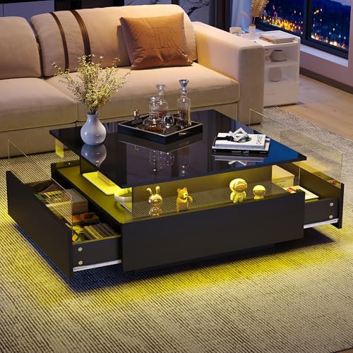 LINKHOO Table Basse Moderne Carrée, avec Éclairage LED, avec 2 tiroirs et Compartiments en Verre, 70x70x41cm, Charge maximale 30 kg (Noir)