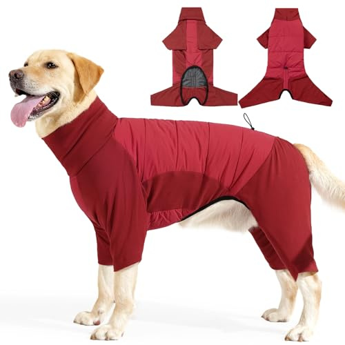 PAWIVID Winter Dog Coat with Legs Jumpsuit Fleece Windproof Dog Jacket with Turtleneck, Warm Dogs Full Body Pajamas with Leash Hole for Small Medium Large Dogs (Red, XXXL)