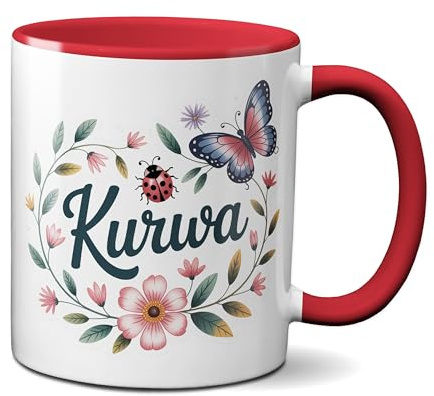 TassenKing Kurwa Tasse – Lustiger Kaffeebecher mit Blumenkranz & Marienkäfer Motiv – Keramik 330 ml – rot – für Damen & Herren