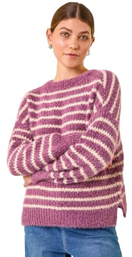 Roman Fluffy Yarn Jumper for Women UK Ladies Thick Sweater Warm Cosy Chunky Knitted Pullover Winter Furry Casual Smart Textured Everyday Cuddly Soft Knitwear - Purple Ivory - Size 16