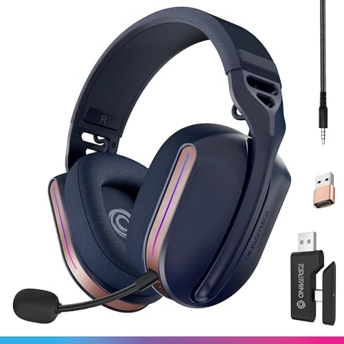 Oniverse Kabellose Gaming-Headset, kompatibel mit PS5, PS4, Switch, PC, mobil, leicht, LED, geringe Latenz 2,4 GHz oder Bluetooth, Akku 33 Stunden, virtueller Sound, 7.1, Dual-Mikrofon – Polaris (Blau