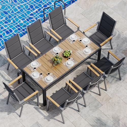 Set di Arredo da Giardino 8 Persone, Set di Tavolo 189 cm Design a Vena di Legno e 8 Sedie Impilabili da Esterno in Alluminio, Ideale per Cortile, Terrazza o Ai Margini della Piscina(Effetto legno)