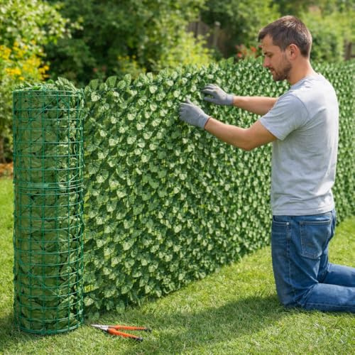 Siepe Finta Artificiale con Foglie Copri Ringhiera Verde Recinzione Edera Giardino Frangivento Ornamentale Siepe Sintetica Balcone Rotolo (100x500 cm)