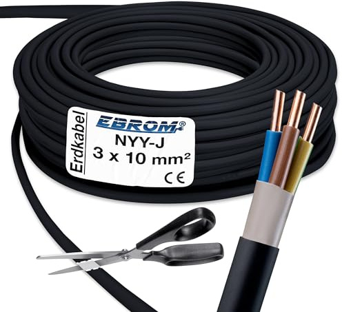 EBROM Câble d'alimentation NYY-J 3 x 10 mm² - Câble de terre NYY-J 3 x 10 mm² - Noir - Vendu au mètre exact au mètre : sélection par incréments de 5 mètres, à partir de 5 mètres - 3 x 10 mm² - Votre