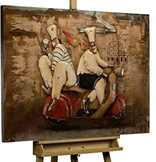 KunstLoft Metallbild 3D | 100% HANDGEFERTIGT | 100x70x5cm | Wandbild Metall Deko 'Schnell weg' | Köche Roller | Beige Rot | Metall Wanddeko Wohnzimmer