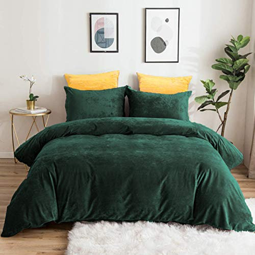 Lanqinglv Winter Bettwäsche 200x200cm Biber Dunkelgrün Grün Samtweichem Plüsch Flanell Unifarben Bettbezug mit Reißverschluss und 2 Kissenbezug 80x80cm