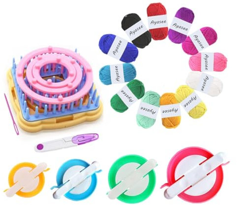 Webrahmen-Set, Blumenstrick-Webrahmen, Strickwolle, Rund-/Quadrat-Strickwebstühle, Bastelset, mehrfarbig (Blumenformer + Pompom-Maker + Garn)