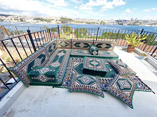Green Floor Cushions, L Shape Corner Arabic Sofa Set, Living Room Sofa, Backrest Pillows, Moroccan Sofas, Arabic Diwan, Turkish Rug (L Sofas + Rug)