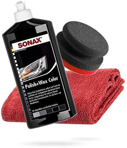 detailmate SONAX Hand Polier Bundle - SONAX Polish+Wax Color schwarz 500ml + detailmate Handpolierschwamm hart Ø90/50mm + detailmate Edgeless Mikrofaser Poliertuch 550GSM rot