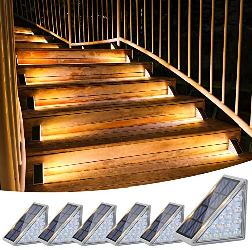 VOLISUN Paquete de 6 luces solares para escalera, luces solares para escalones, impermeables, IP67, luces LED para exteriores, decoración para escalera de jardín, cubierta, escalón delantero, porche